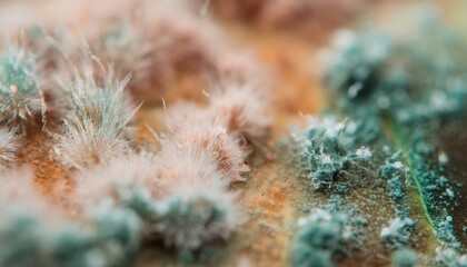 Obraz premium macro shot of multicolored mold colonies with fuzzy hyphae and spore structures for abstract background, organic texture design, web layout, science branding, or artistic print media