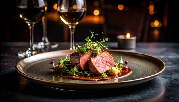 Naklejki Elegant fine dining plate with gourmet meat, microgreens, sauce artfully plated, dark moody background, top-tier cuisine. Restaurant, cafe