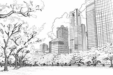Black and white detailed sketch of Tokyo skyscrapers with urban park and cherry blossom trees, pen drawing. 