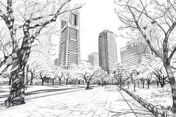 Black and white detailed sketch of Tokyo skyscrapers with urban park and cherry blossom trees, fine line art