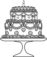 Line art drawing bow ribbons around two tier Birthday cake with strawberries decoration, clipart coquette aesthetic for design element or coloring page with editable strokes . Vector illustration.	