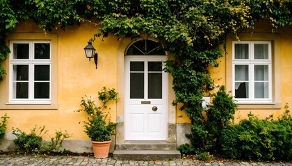 A charming, yellow-painted cottage entrance is adorned with lush greenery and a classic white door.