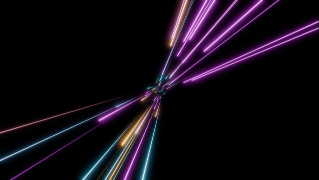 Zoomed-in perspective of neon light trails converging at center on dark background, symbolizing fast movement and digital convergence