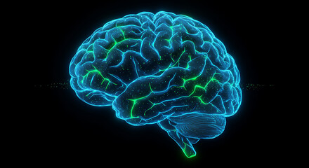 Illuminated Brain Depicted with Glowing Veins and Detailed Structure