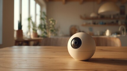 A small white camera sits on a wooden table in a kitchen