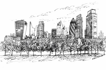 Black and white ink drawing of London skyline with modern skyscrapers and a large city park with trees