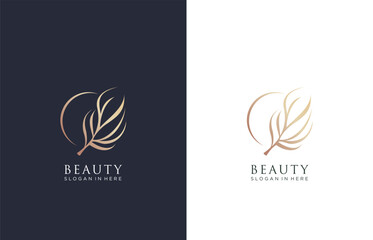 leaf ornament with moon icon, abstract beauty luxury vector logo design inpiration 