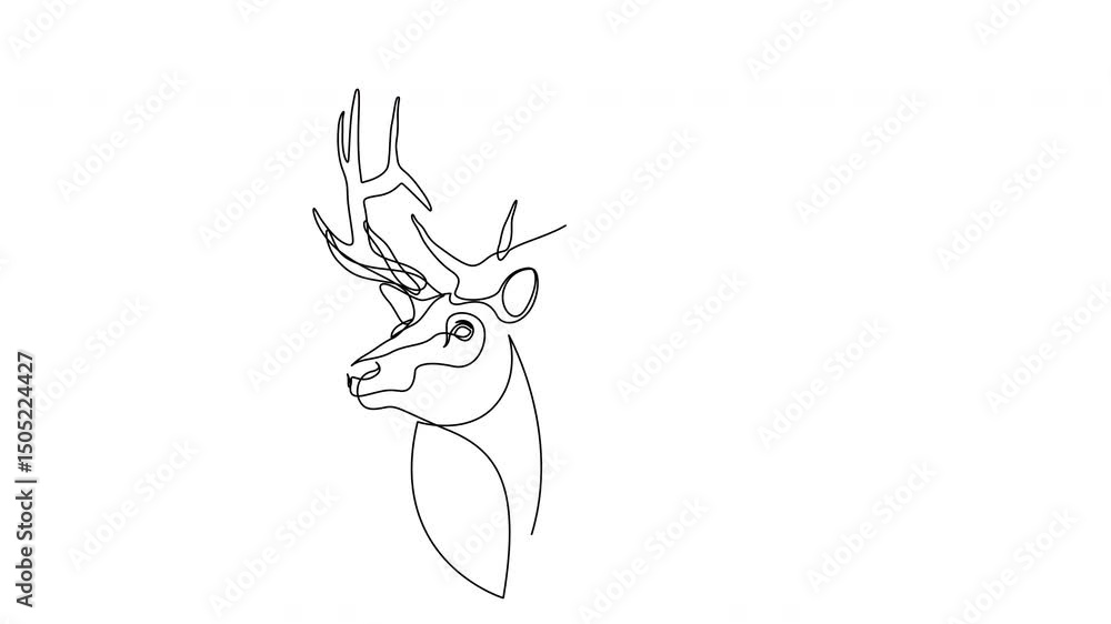 Poster self drawing simple animation of continuous one line drawing of deer. drawing by hand, black lines o