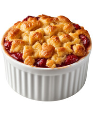 Isolated transparent png  Strawberry crisp rustic crumble Baked fruit cobbler with a golden crust in a white ramekin.