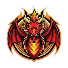 Fierce Red Dragon Mascot Logo Illustration Featuring Fiery Wings, Horns, and Eyes, Encased in a Bold Black and Gold Circle, Ideal for Gaming, Esport Teams, and Fantasy Artwork Projects, On a White Bac