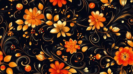 Red and gold floral design in traditional Khokhloma style, great for ethnic print materials, souvenir packaging, and heritage branding.