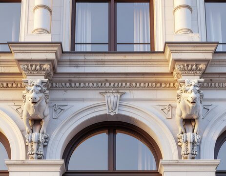Architectural detail features sculpted lion corbels supporting a building facade. The ornate design showcases classic aesthetic details. - Powered by Adobe
