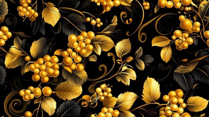 Khokhloma-style pattern with stylized folk motifs and swirling leaves, perfect for authentic textile prints and traditional surface design.
