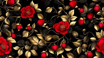 Khokhloma-style pattern with stylized folk motifs and swirling leaves, perfect for authentic textile prints and traditional surface design.