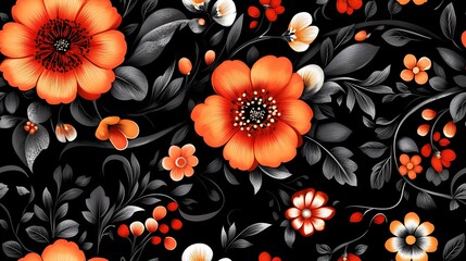 Khokhloma-style pattern with stylized folk motifs and swirling leaves, perfect for authentic textile prints and traditional surface design.
