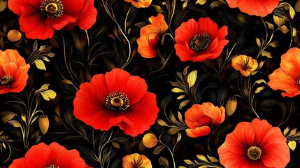 Khokhloma-style pattern with stylized folk motifs and swirling leaves, perfect for authentic textile prints and traditional surface design.