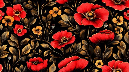 Khokhloma-style pattern with stylized folk motifs and swirling leaves, perfect for authentic textile prints and traditional surface design.