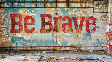 Be brave graffiti on distressed urban wall with bold letters