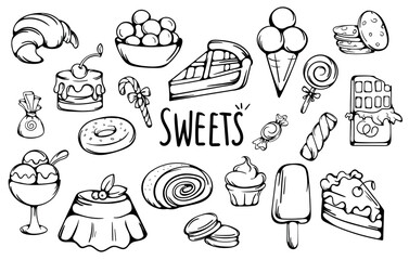 Sweets, candies, baked goods. Black and white vector elements set. Simple hand drawn signs and symbols for icons, prints, stickers
