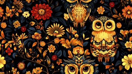 Khokhloma-style pattern with stylized folk motifs and swirling leaves, perfect for authentic textile prints and traditional surface design.