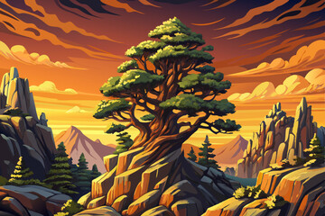 View of Idyllic landscape in the Alps, tree, grass and mountains illustration background