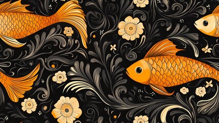 Khokhloma-style pattern with stylized folk motifs and swirling leaves, perfect for authentic textile prints and traditional surface design.