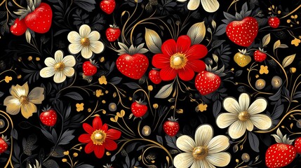 Khokhloma-style pattern with stylized folk motifs and swirling leaves, perfect for authentic textile prints and traditional surface design.