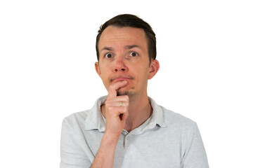 Pensive man with hand on chin representing deep thought or decision making. Isolated portrait....