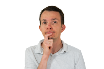 Pensive man with hand on chin representing deep thought or decision making. Isolated portrait. Transparent png.