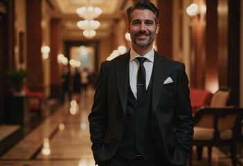 Fototapeta premium Hotel concierge in an ornate lobby, exuding professionalism and charm