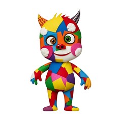 Standing Cartoon Character with Colorful Patchwork Design and Horns on White