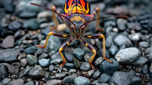 Macro view of a colorful shield bug sitting on gray pebbles, showcasing its vibrant pattern and prominent antennae in natural light.