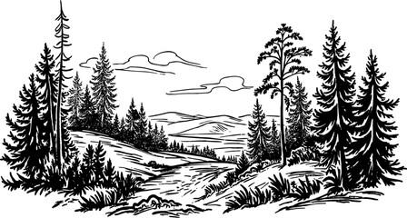 Rural road graphic black white village landscape sketch illustration vector