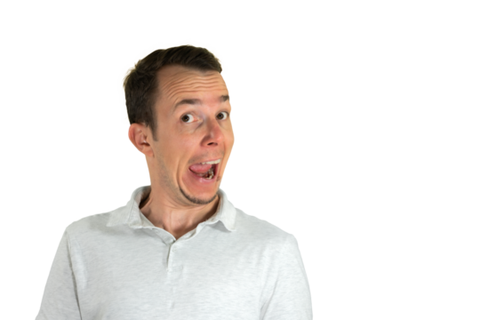 Man making exaggerated surprised face with open mouth and raised brow for comic reaction use. Isolated portrait. Transparent png.