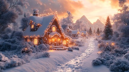 Winter wonderland scene cozy cottage snow covered landscape festive christmas lights