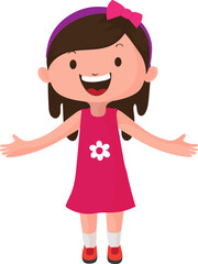 Cartoon Happy Little Girl Character Wearing Pink Dress, Bow Hairband and Open Arms Vector Illustration.