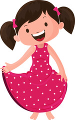 Cartoon Happy Little Girl with Two Ponytails in Pink Dotted Frock Vector Illustration.