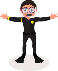 Cartoon Scuba Diver Man Character Vector Illustration.