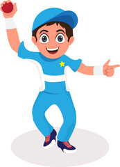 Cartoon Happy Cricket Boy Holding a Red Ball in Blue and White Dress Vector Illustration.