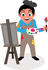 Cartoon happy man painting with brush and color palette in front of canvas vector illustration.