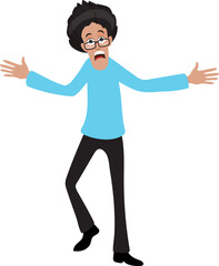 Cartoon surprising man wearing glasses and spread arms vector illustration.