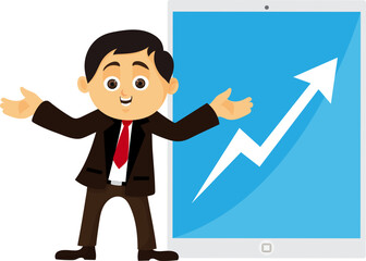  Cartoon businessman standing in front of a rising graph vector illustration.
