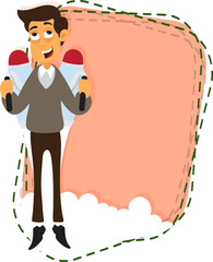 Cartoon Businessman Flying with Jetpack Against Peach Clouds Background.