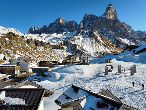 Aerial view of Passo Rolle on a beautiful winter day