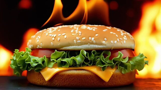 Tasty cheeseburger featuring fresh lettuce and ripe tomato, sizzling against a fiery backdrop, highlighting the allure of fast food and the pitfalls of unhealthy eating habits.