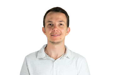 Friendly man in light shirt smiling directly at camera for business or personal branding use. Isolated portrait. Transparent png.