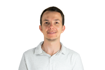 Friendly man in light shirt smiling directly at camera for business or personal branding use. Isolated portrait. Transparent png.