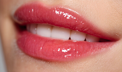 Obraz premium A picture of a woman's lips smiling beautifully, showing clean, healthy, beautiful white teeth.