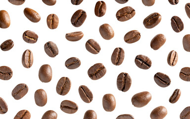 Roasted coffee beans. Scattered coffee beans on a white background with clipping paths. Close up image.