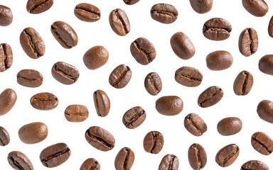 Roasted coffee beans. Scattered coffee beans on a white background with clipping paths. Close up image.